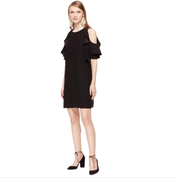 Kate Spade Womens Dress Shift Black Ruffle Cold Shoulder Crepe LBD Mini Medium - Picture 1 of 14